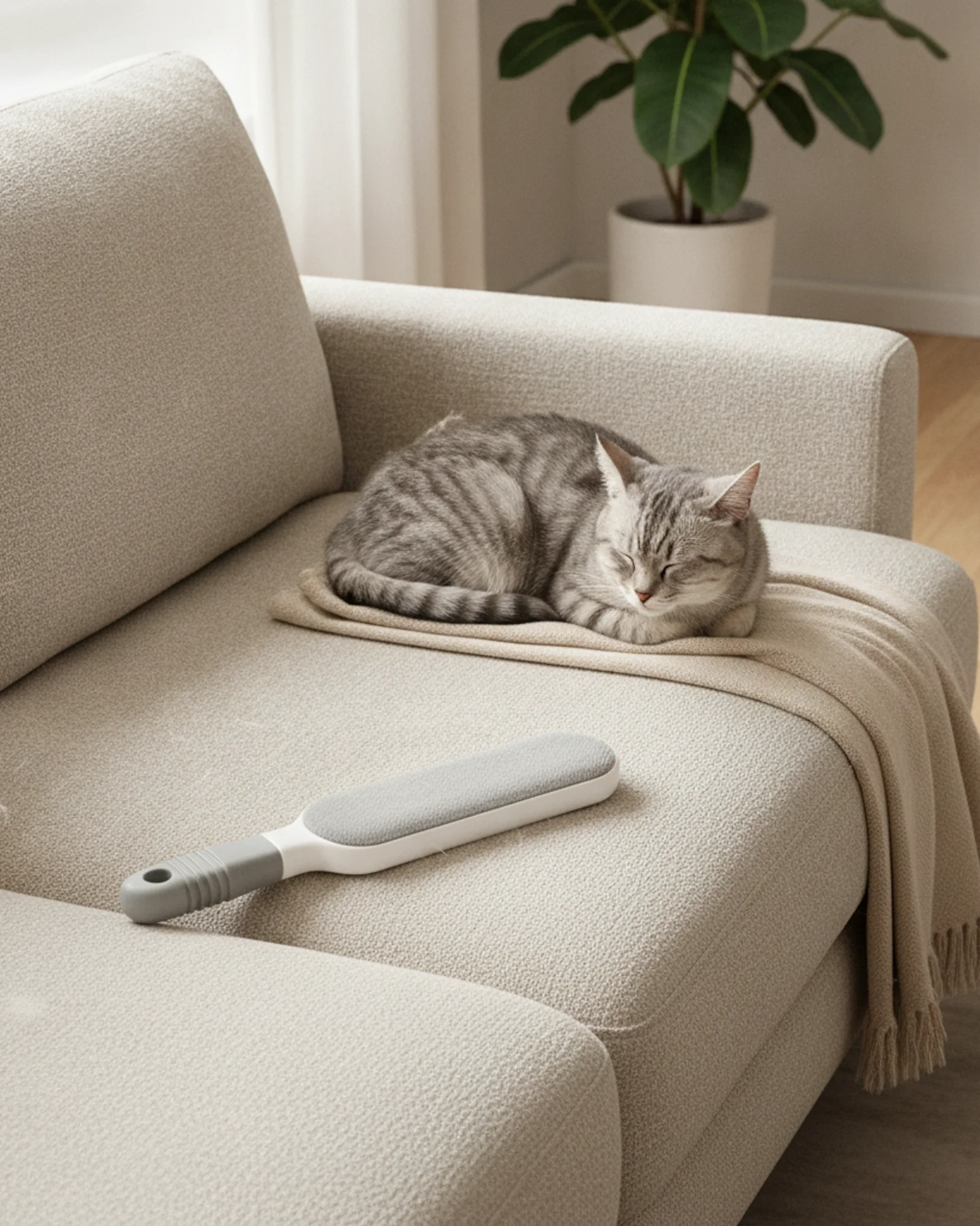 Furivo pet hair remover on a modern sofa with a dog nearby